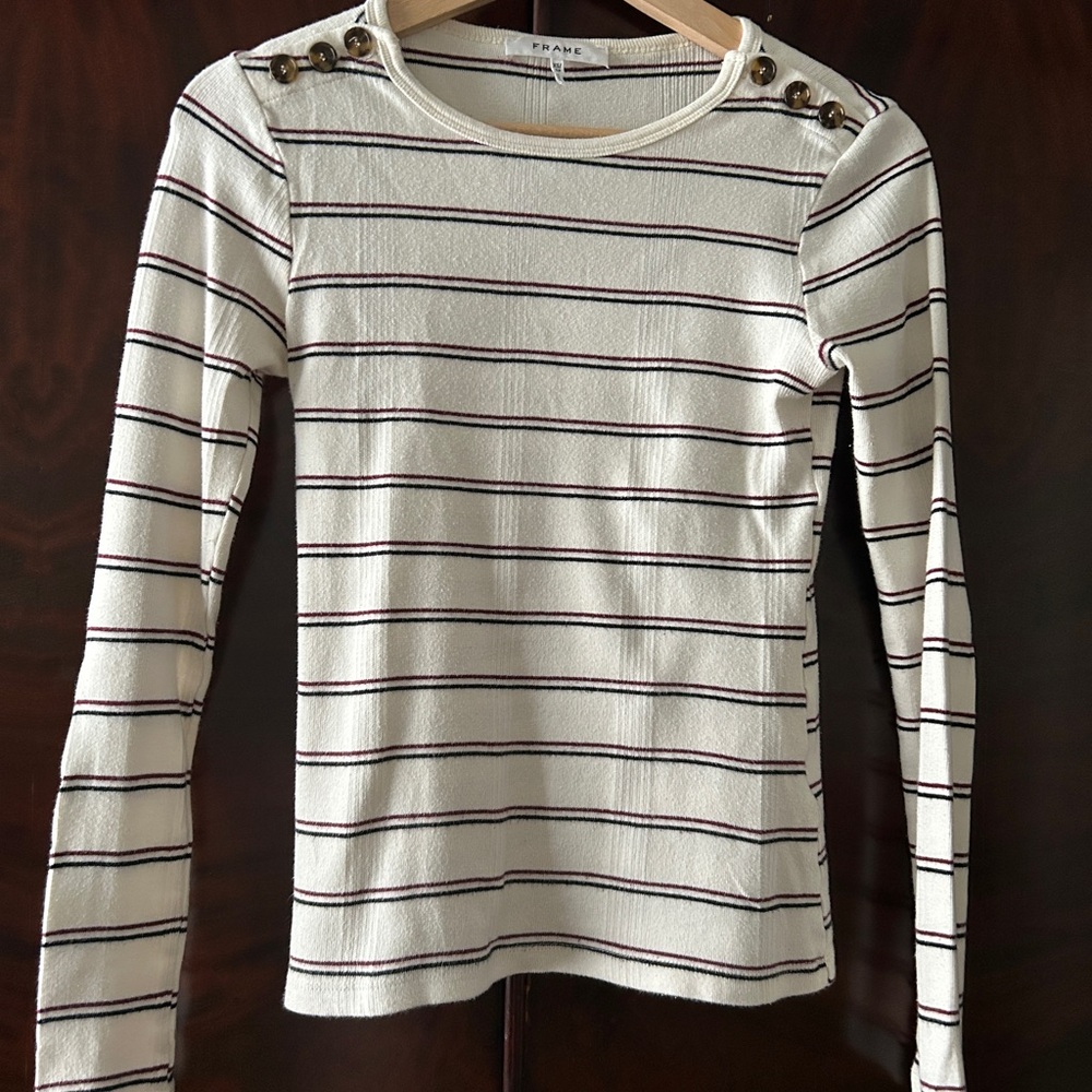Frame Denim Cream Striped Long-Sleeve Top with Shoulder Buttons